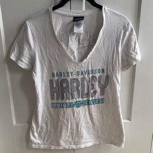 Harley-Davidson White and Blue V-Neck Tee
